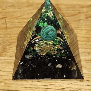 Green Malachite Pyramid with Black Onyx Crystals Art Piece